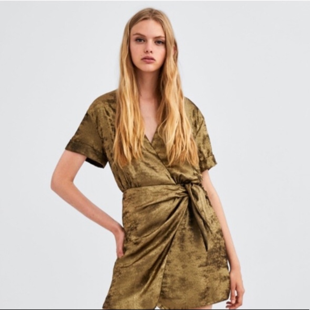 ZARA Gold Short Sleeve Wrap Dress